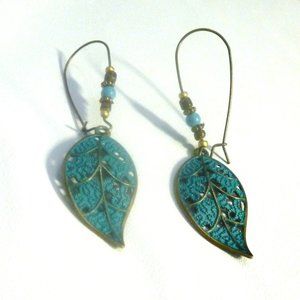 Dangle Earrings Verde, Bronze & Turquoise Tones Filigree Leaf NWOT 2.75" M365